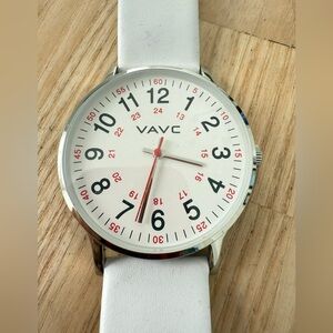 VAVC men’s silver tone white leather watch NEW BATTERY